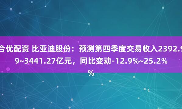 合优配资 比亚迪股份：预测第四季度交易收入2392.99~3441.27亿元，同比变动-12.9%~25.2%