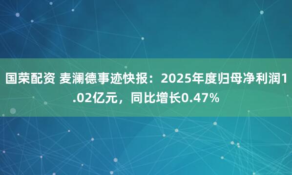 国荣配资 麦澜德事迹快报：2025年度归母净利润1.02亿元，同比增长0.47%